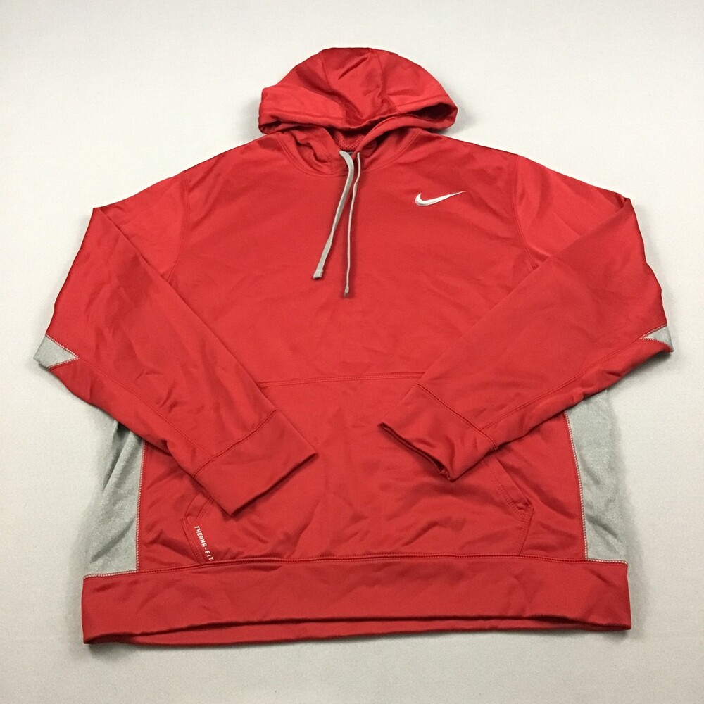 Nike Hoodie Mens Extra Large Red Gray Solid Pullover Therma Fit Swoosh Training